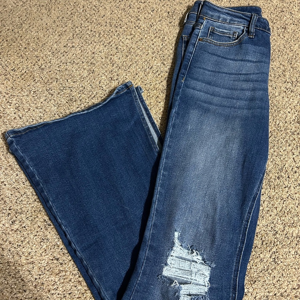 Cello Dark Blue Distressed Flare Jeans